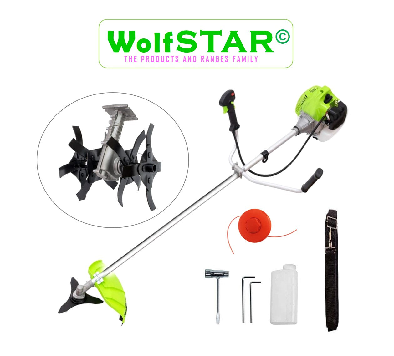 Motocoasa 5.6kW, WolfSTAR, SET cu Tambur Fir + Disc Metal 3 lame,+Cultivator, X5600PRO, VERDE