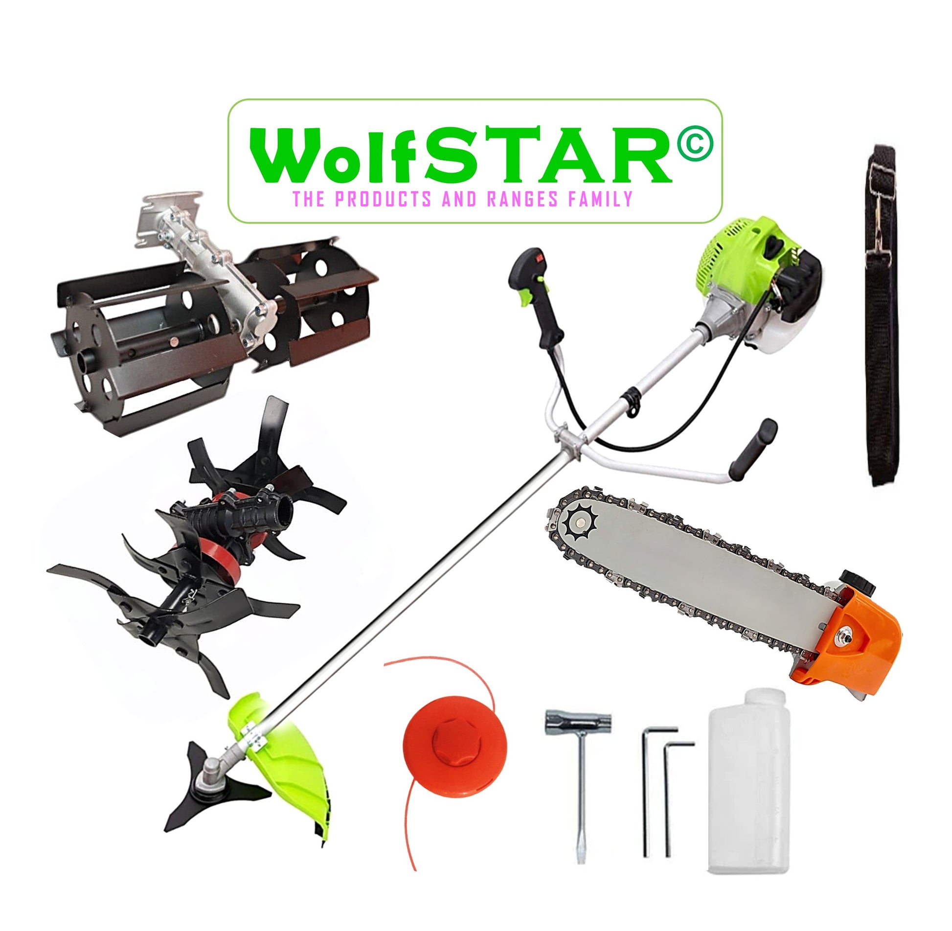 Motocoasa 8CP WolfSTAR, Set cu Tambur Fir + Disc Metal 3 lame, X5600PRO, Verde, +CAP DRUJBA, PRASITOARE, CULTIVATOR PREMIUM