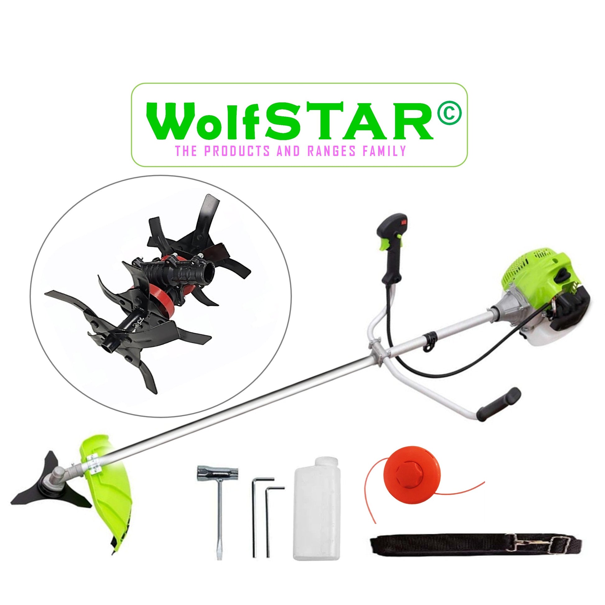 Motocoasa WolfSTAR, Set cu Tambur Fir + Disc Metal 3 lame, X5600PRO-8CP, Verde, +CULTIVATOR PREMIUM