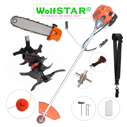 Motocoasa WolfSTAR© motor benzina 2 timpi, 6CP, 52cc, 11.000RPM, + Cap DRUJBA si CULTIVATOR PREMIUM