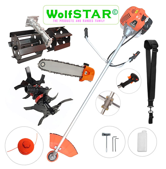 Motocoasa pe benzina WolfSTAR©, 6CP, 52cc, 11.000RPM, +Cap DRUJBA, PRASITOARE, CULTIVATOR PREMIUM