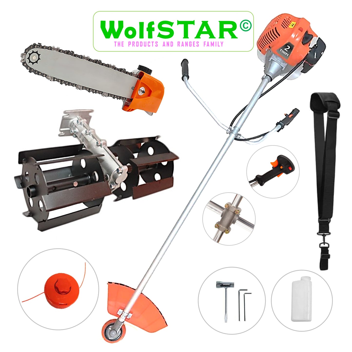 Motocoasa WolfSTAR© motor benzina 2 timpi, 6CP, 52cc, 11.000RPM, + Cap DRUJBA si PRASITOARE