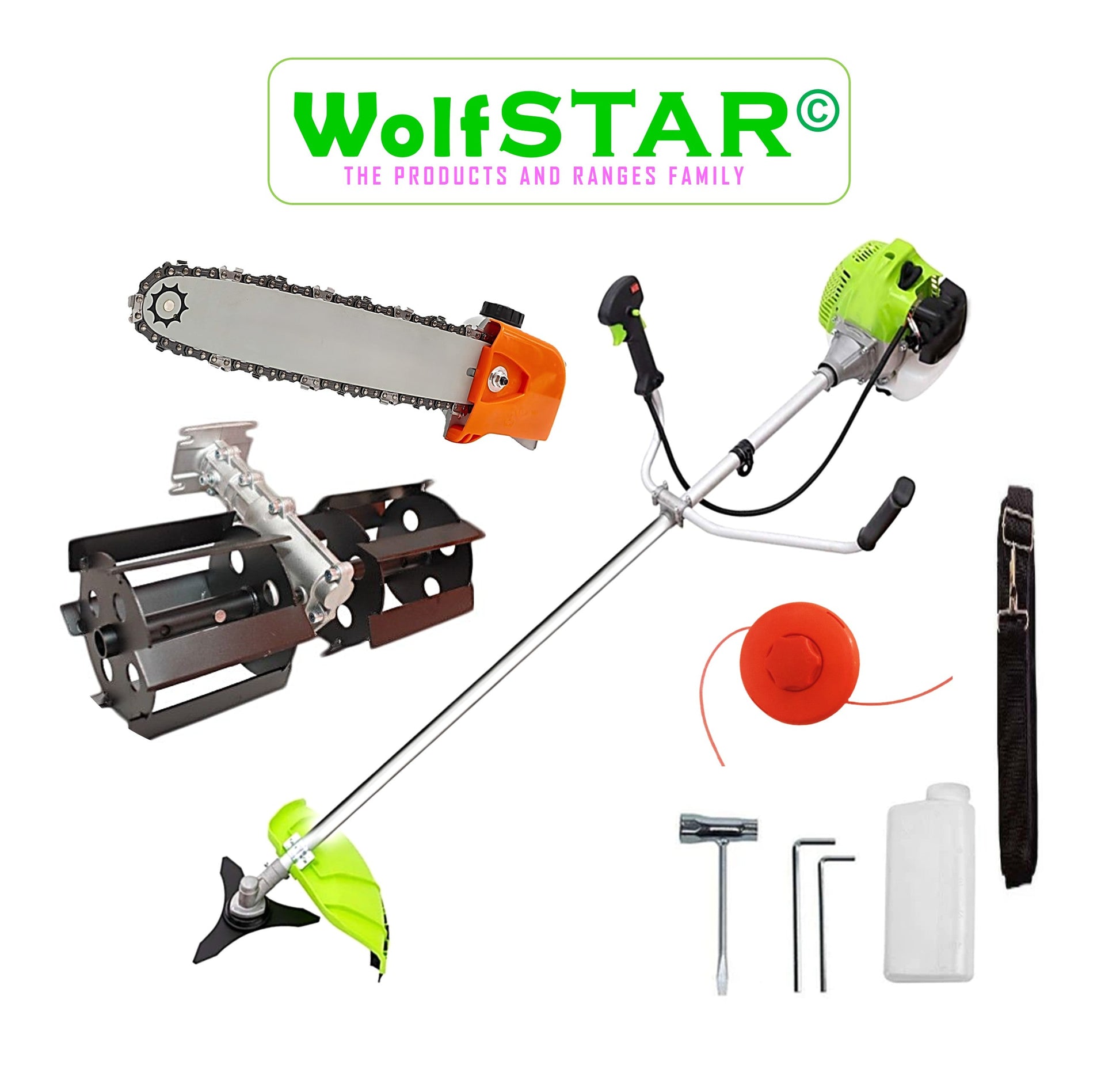 Motocositoare WolfSTAR, Set cu Tambur Fir + Disc Metal 3 lame, X5600PRO-8CP, Verde, +CAP DRUJBA, PRASITOARE