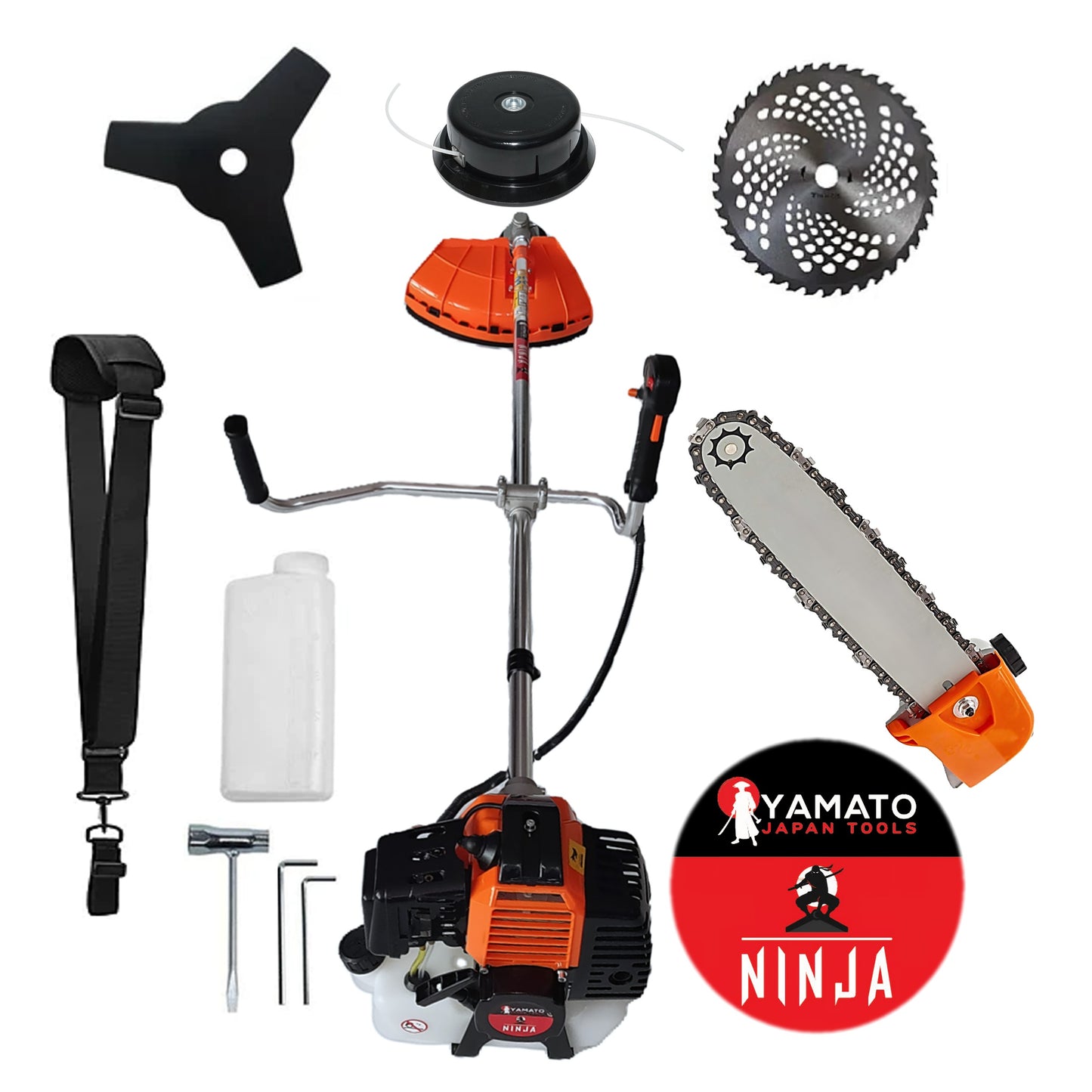 SET CAP DRUJBA+Motocositoare Multifunctionala YAMATO® JAPAN TOOLS Model NINJA-6CP, Negru-Portocaliu, cu accesorii si Discuri