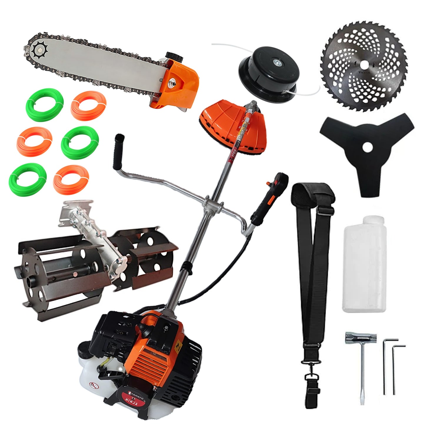 SET PRASITOARE+ANGRENAJ DRUJBA+Motocositoare Multifunctionala YAMATO® JAPAN TOOLS Model NINJA-6CP, Negru-Portocaliu, cu accesorii+EXTRA Fire Taiere