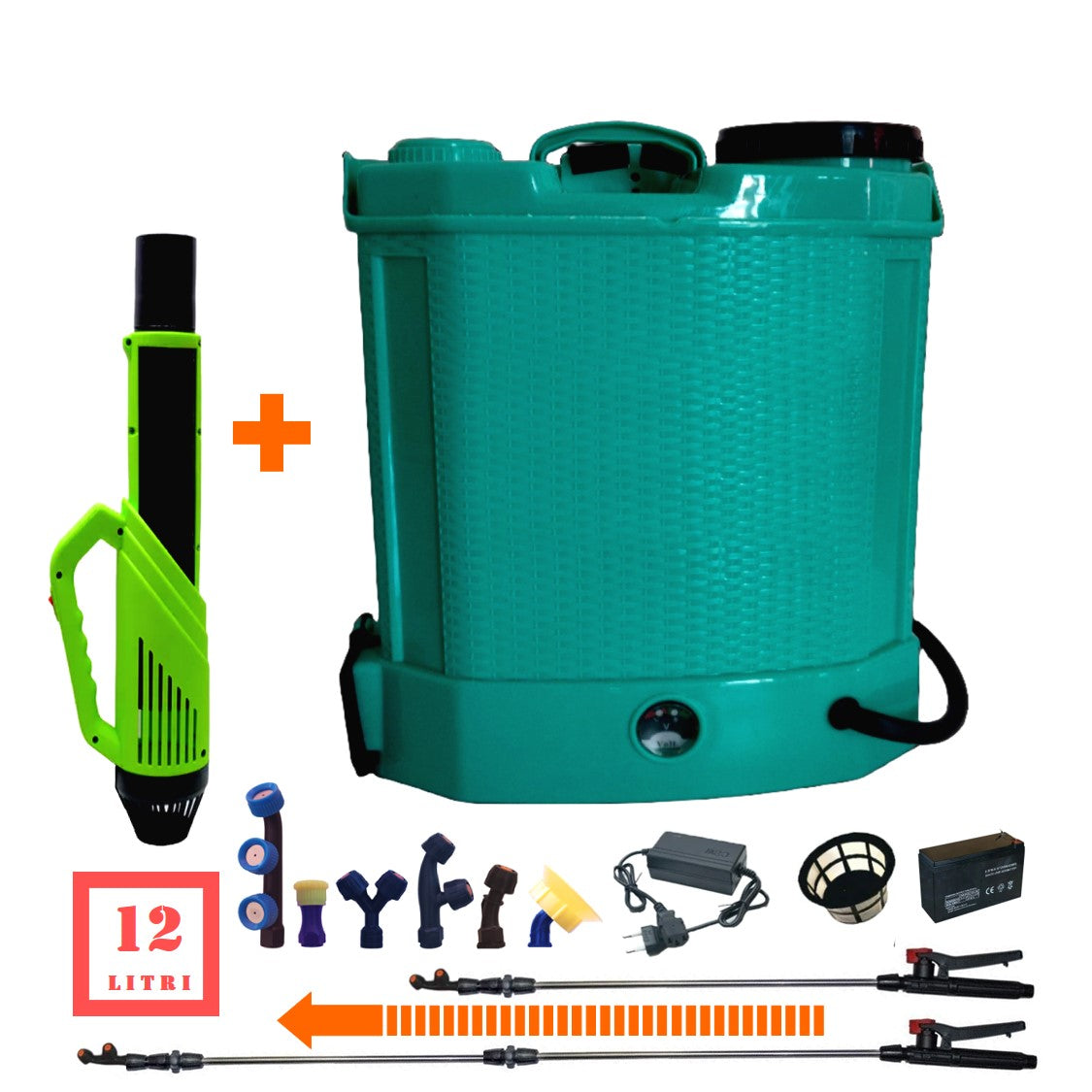 SET Pompa de stropit 12 Litri, electrica cu acumulator incorporat, culoare Turcoaz, brand Palmira,Vermorel Șprițuitor PLUS ATOMIZOR. Include acumulator, incarcator, sita lichide, 6 duze diferite incluse, lance metalica, maner reglare debit si atomizorul. O oferta speciala de la EuroUnelte.ro