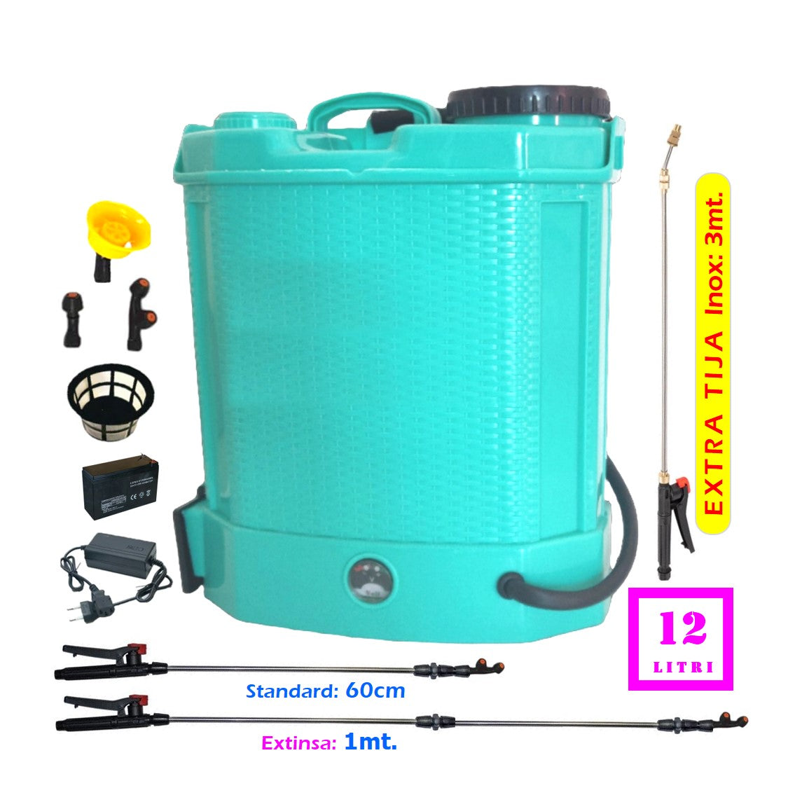 Pompa de Stropit VOKNER Recomandat, Electrica cu Acumulator, volum 12 Litri, Plus TIJA Extensibila 3 metri din INOX.