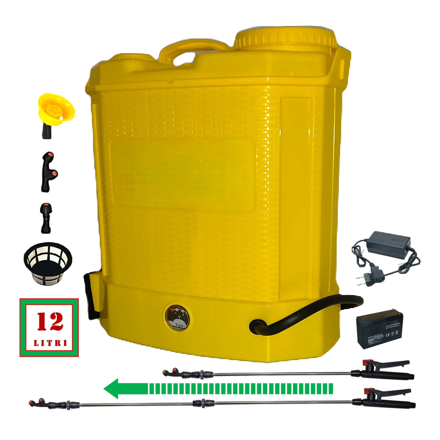 SEZONUL-OFERTELOR Pompa Stropit 12 Litri DEZMAN, Electrica cu Acumulator, Vermorel GALBEN, tija extensibila 1m, accesorii
