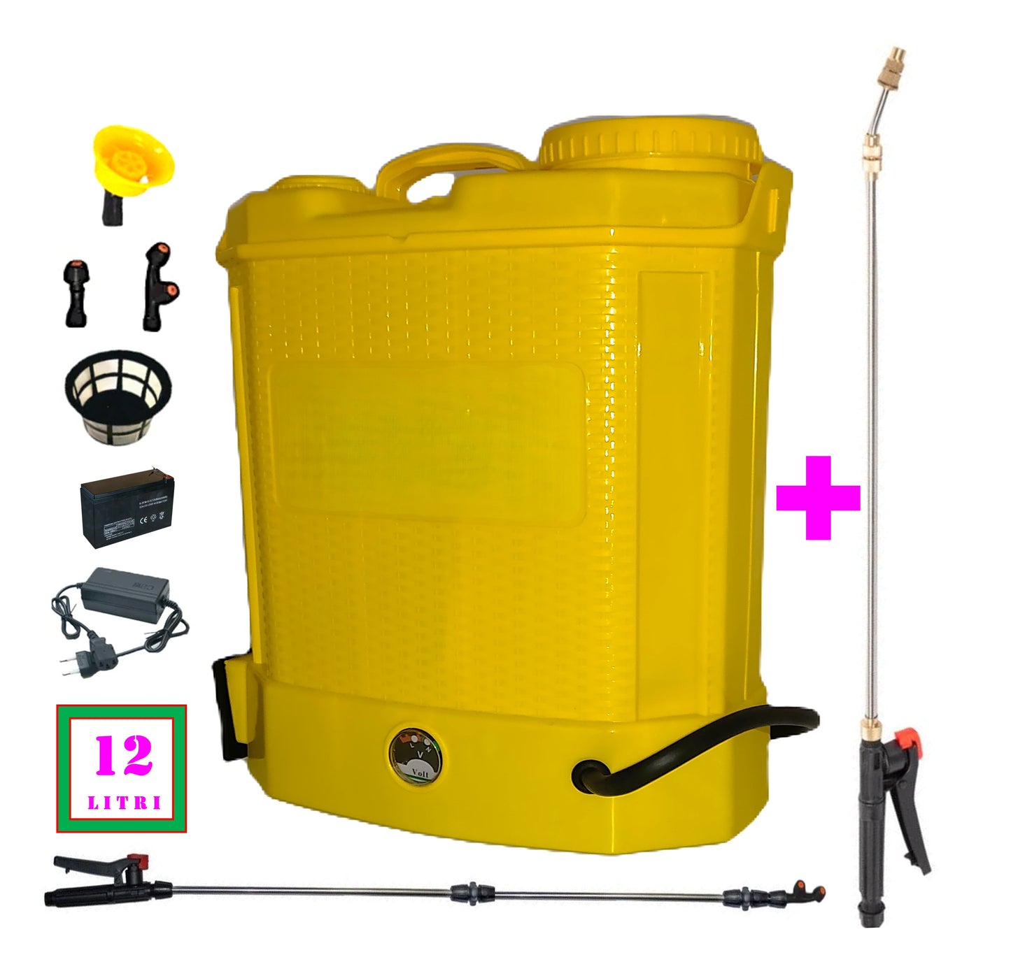 *BuzZ* SET ȘPRIȚUITOR 12L Electric cu Acumulator, Vermorel DEZMAN GALBEN, tija extensibila 1m, + TIJA INOX Extensibila 3 Metri