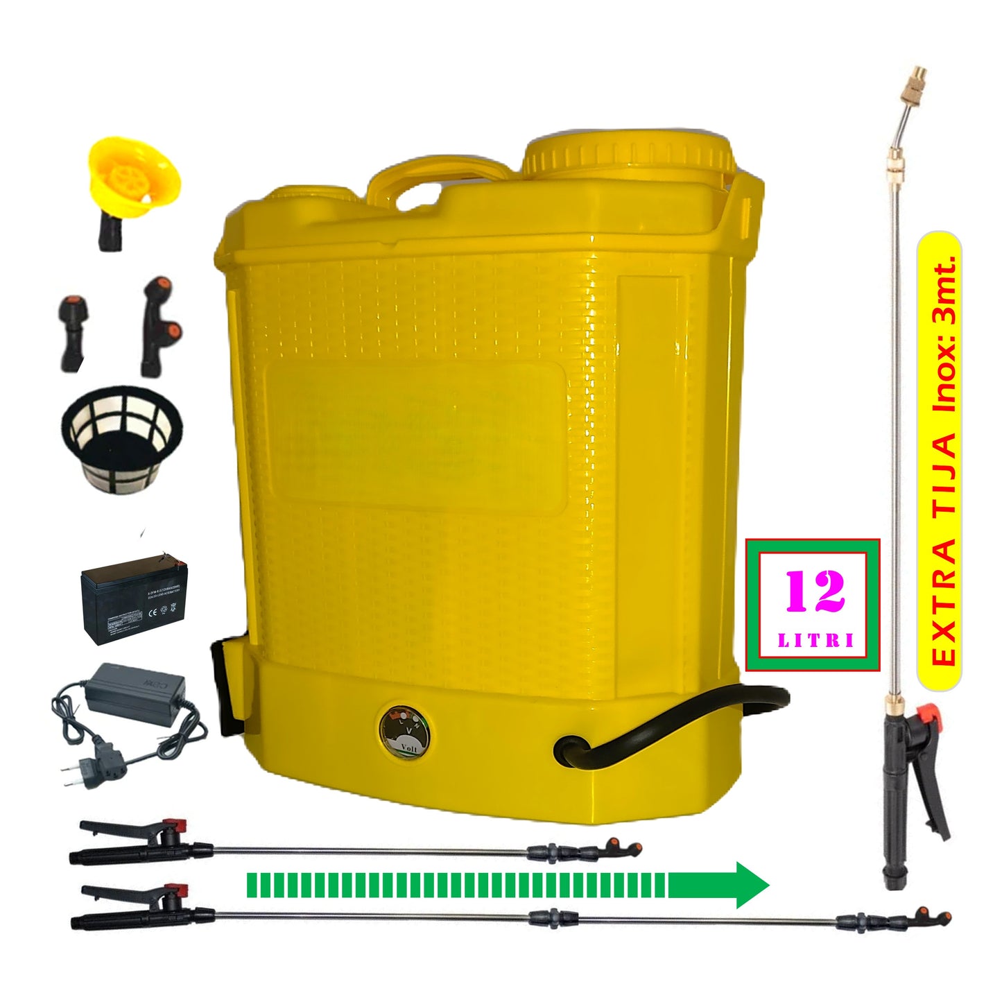 *BuzZ* SET ȘPRIȚUITOR 12L Electric cu Acumulator, Vermorel DEZMAN GALBEN, tija extensibila 1m, + TIJA INOX Extensibila 3 Metri