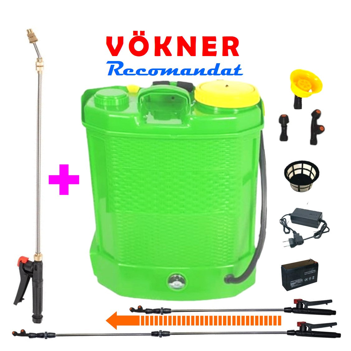*PROMO* SET VÖKNER Pompa Stropit Electrica cu Acumulator, 12 Litri, Vermorel VERDE, tija extensibila 1m, + TIJA INOX Extensibila 3 Metri, +extra Furtun si Maner