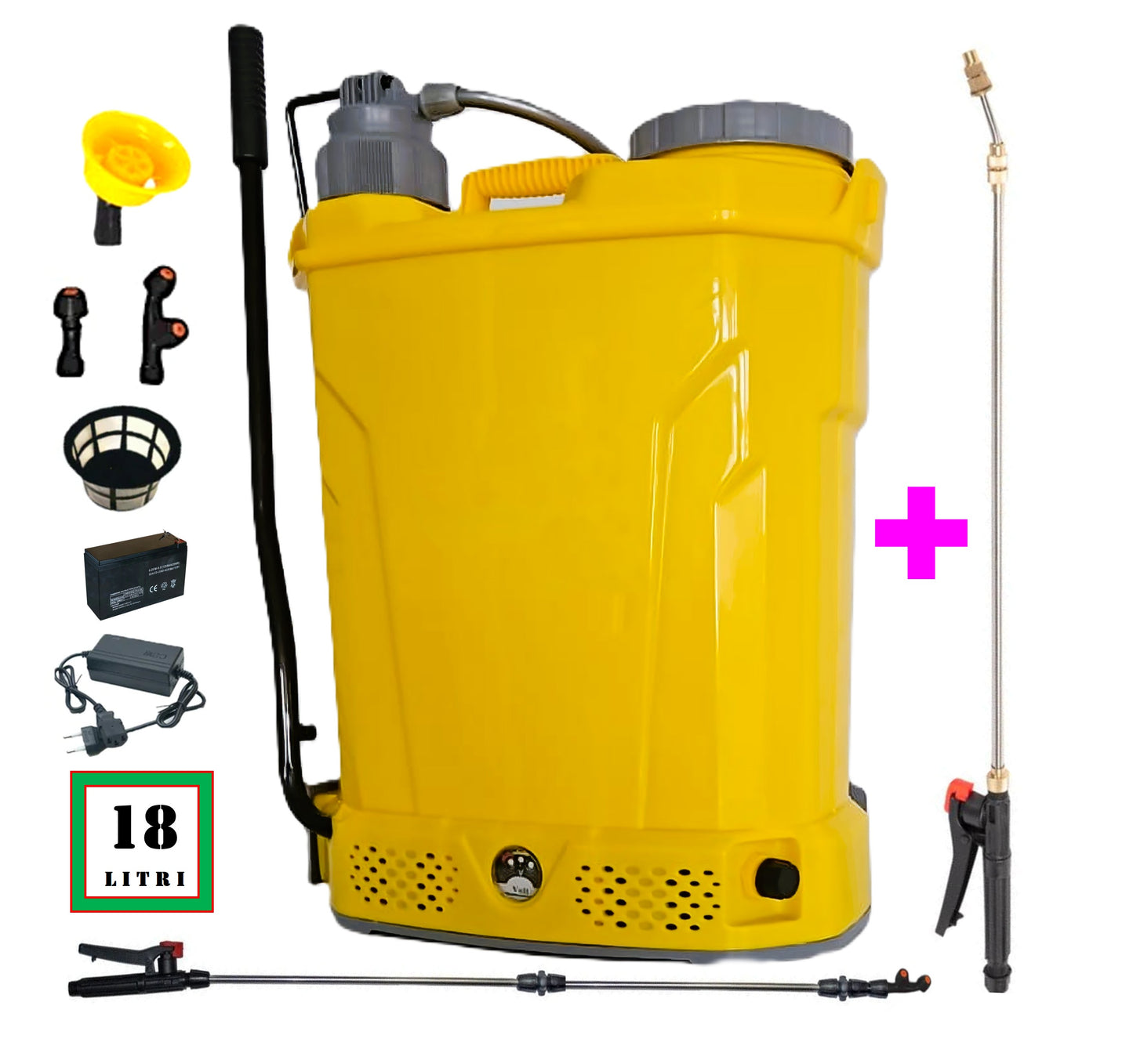 SEZONUL-OFERTELOR SET POMPINA Pompa Tratamente Pomi-Vie-Legume, Electrica cu Acumulator+Manuala, 18 Litri, Vermorel GALBEN, tija extensibila 1m, + TIJA INOX Extensibila 3 Metri, +EXTRA Furtun si Maner