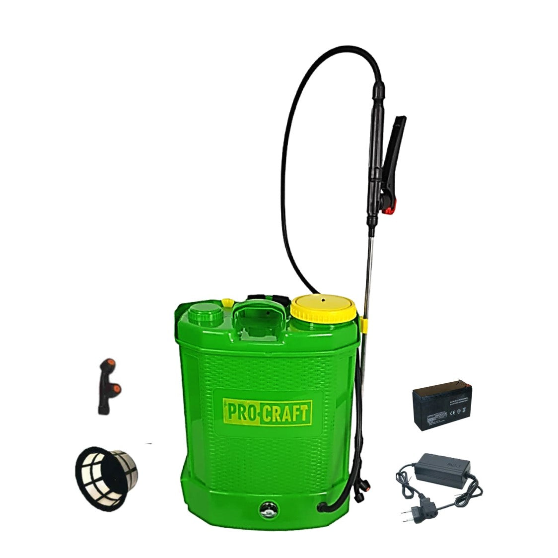 Pompa de stropit cu acumulator culoare verde, brand Procraft, volum 12 Litri. Include acumulator, incarcator, sita lichide, 1 duza inclusa, lance metalica, maner reglare debit. O oferta speciala de la EuroUnelte.ro