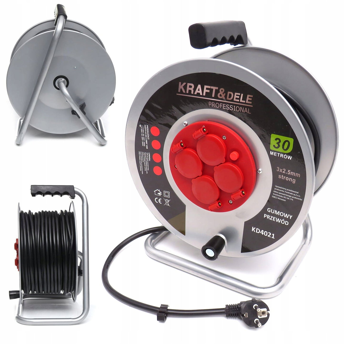Prelungitor 30m, 3x2.5mm, 4 Prize, KRAFTSON % Import Polonia % 4021, Rola cu Tambur Derulator