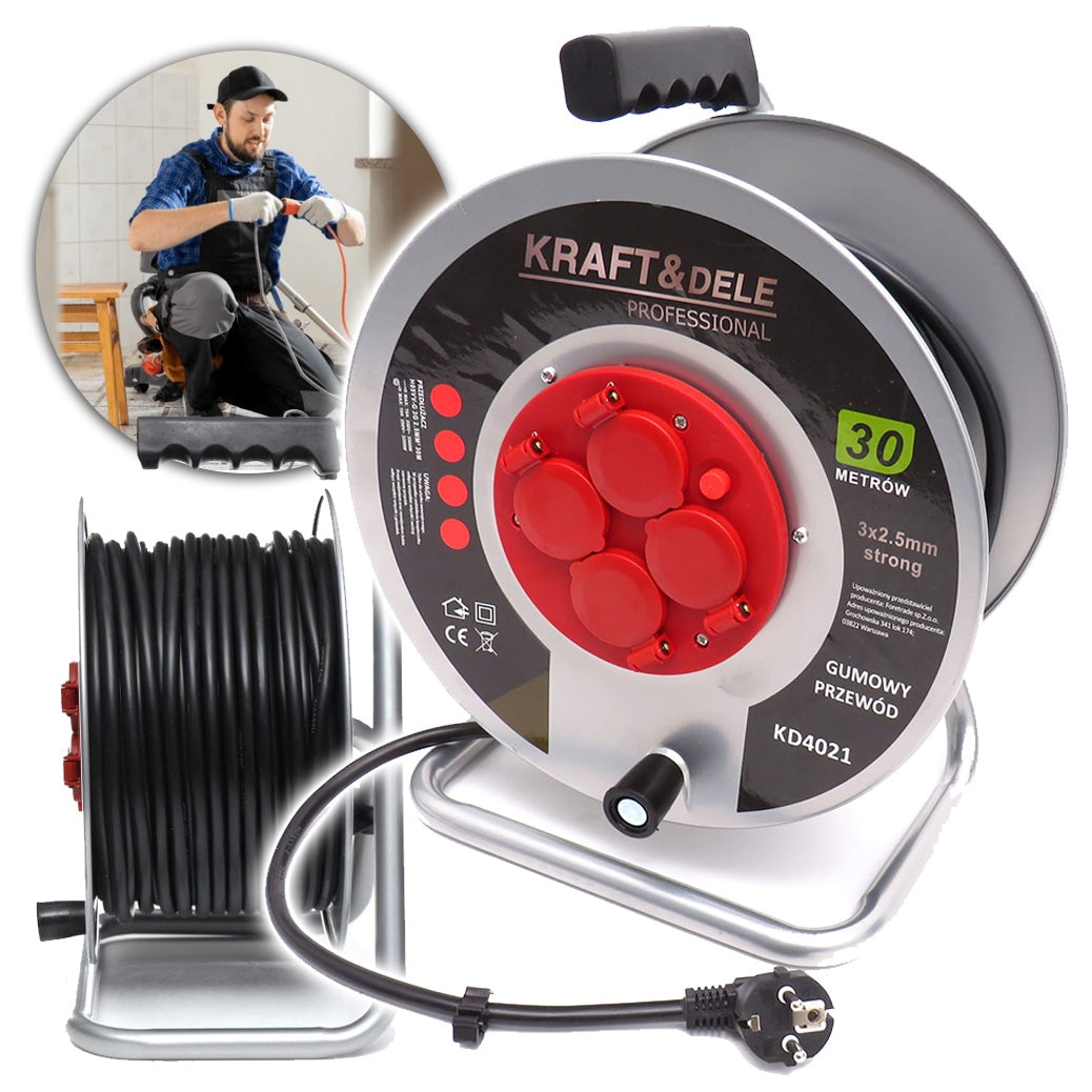 Prelungitor electric lungime 30m, tambur derulare cu 4 prize incorporate, conductor 3x2.5mm, POLSKI K4021, Poza2