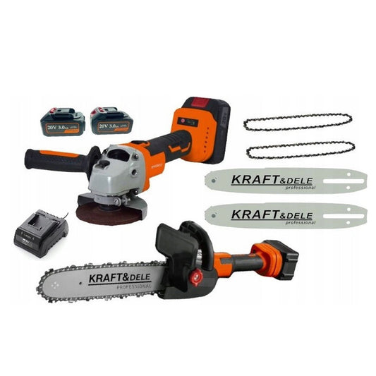 *BLACK-FRIDAY* Set Polizor unghiular / Flex 20V cu 2 Acumulatori 3Ah si Adaptor tip drujba cu 2 lame si 2 lanturi, KRAFTSON % Import Polonia %  10624