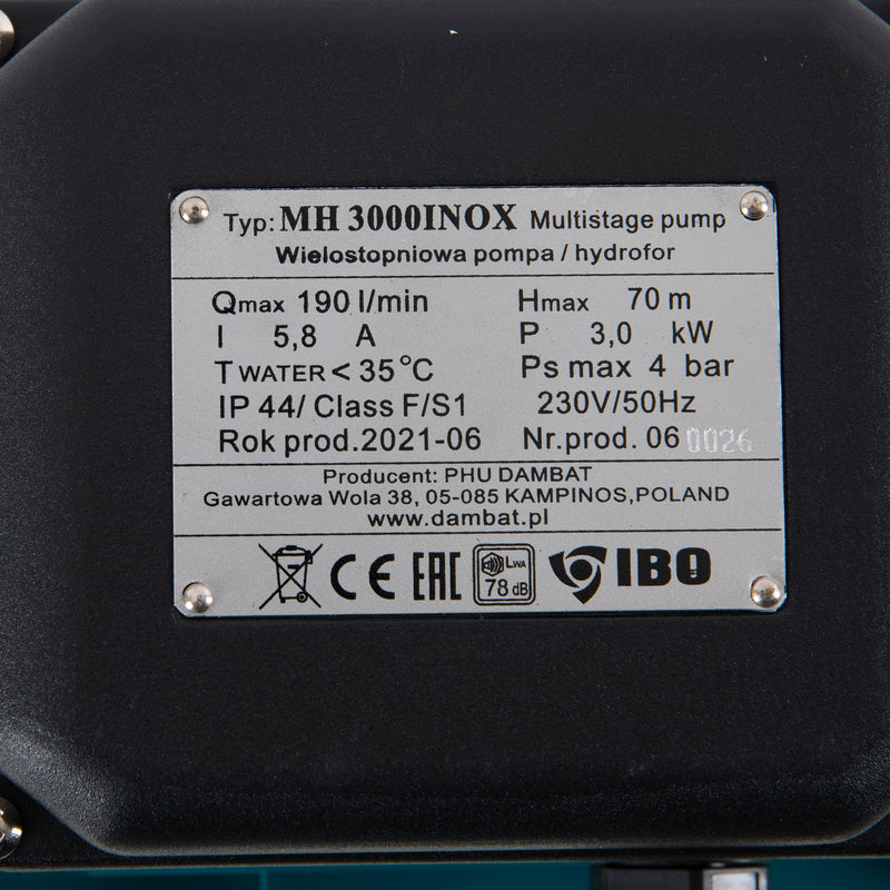 Pompa de suprafata multietajata IBO Dambat MH 3000 INOX, 3000W, 190l/min, H refulare max 70m