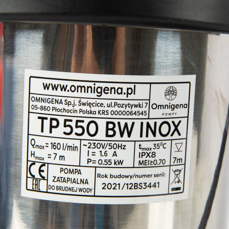Pompa apa murdara Omnigena TP 550 BW INOX, 0.55kW, debit 150l/min, H refulare 7m, submersibila ( PRODUS RESIGILAT )