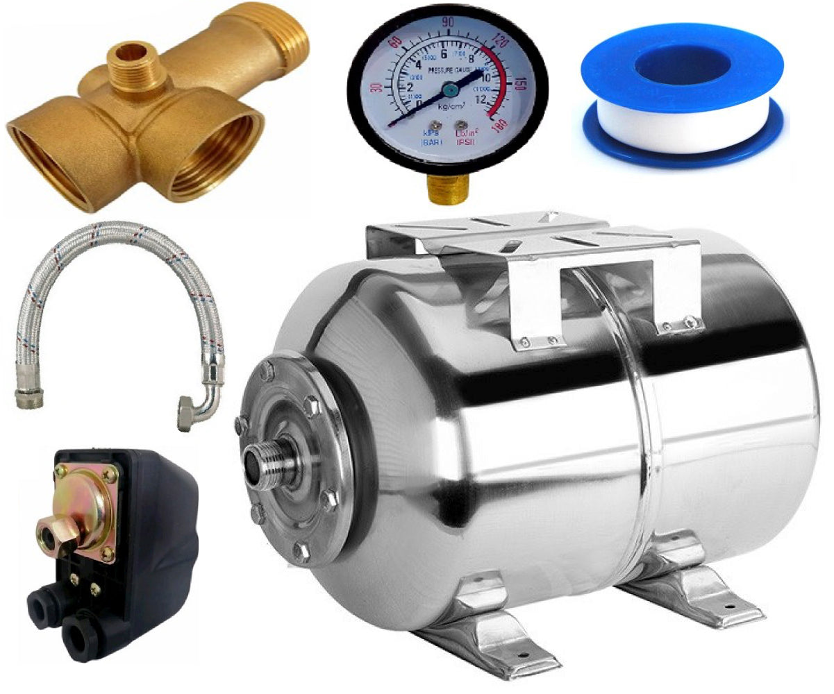 Kit accesorii hidrofor, vas expansiune 24L Inox, presostat, manometru, racord 5 cai bronz, furtun racord Inox cu cot 60cm