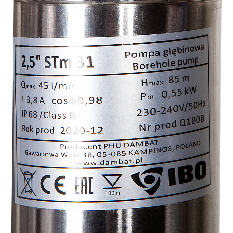 Pompa submersibila IBO Dambat 2.5STM31, 0.55 kW, debit 45l/min, H refulare 85m, cablu 20m