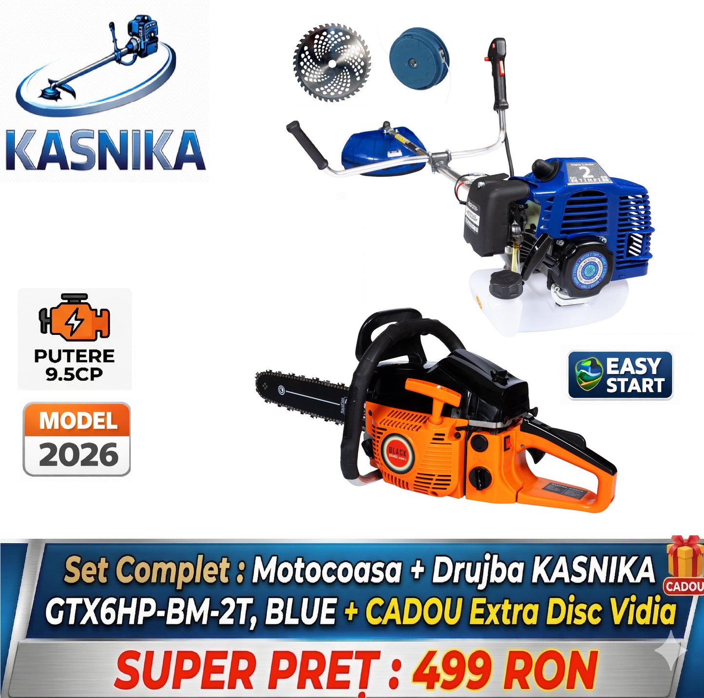 *PACHET PROMO* Motocoasa + Drujba KASNIKA GTX6HP-BM-2T, BLUE + Extra Disc Vidia CADOU