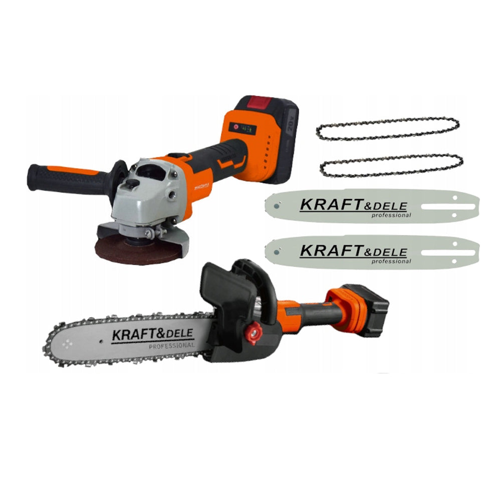 Set Polizor unghiular / Flex 20V cu 2 Acumulatori 3Ah si Adaptor tip drujba cu 2 lame si 2 lanturi, Kraft&Dele KD10624