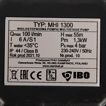 *PROMO* Pompa de suprafata multietajata IBO Dambat MHI 1300, 1300W, 100l/min, H refulare max 55m