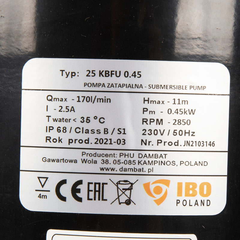 Pompa apa murdara profesionala pentru apa cu noroi / namol POMPINA-Poland 25-KBFU-0,45, 0.45 kW, 170l/min, 230V, H refulare 10m