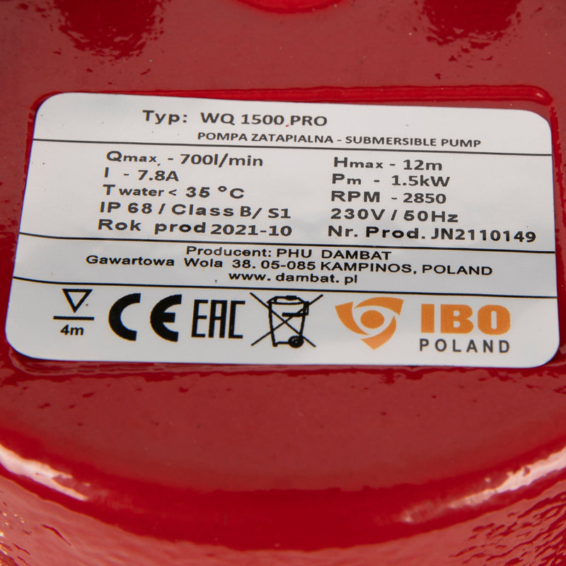 Pompa apa murdara POMPINA-Poland WQ 1500 PRO, 230V, 1.5KW, debit 700l/min, H refulare 12m, submersibila