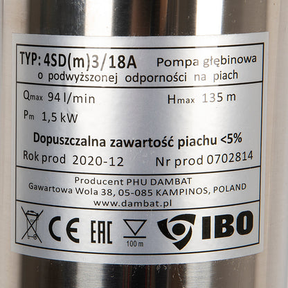 Pompa submersibila IBO Dambat 4SDM3/18, 1.5kW, debit 94l/min, H refulare 135m, racord 1½, rezistenta sporita la nisip
