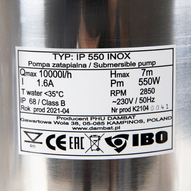 Pompa apa murdara POMPINA-Poland IP 550 INOX, 550W, 165 l/min, submersibila