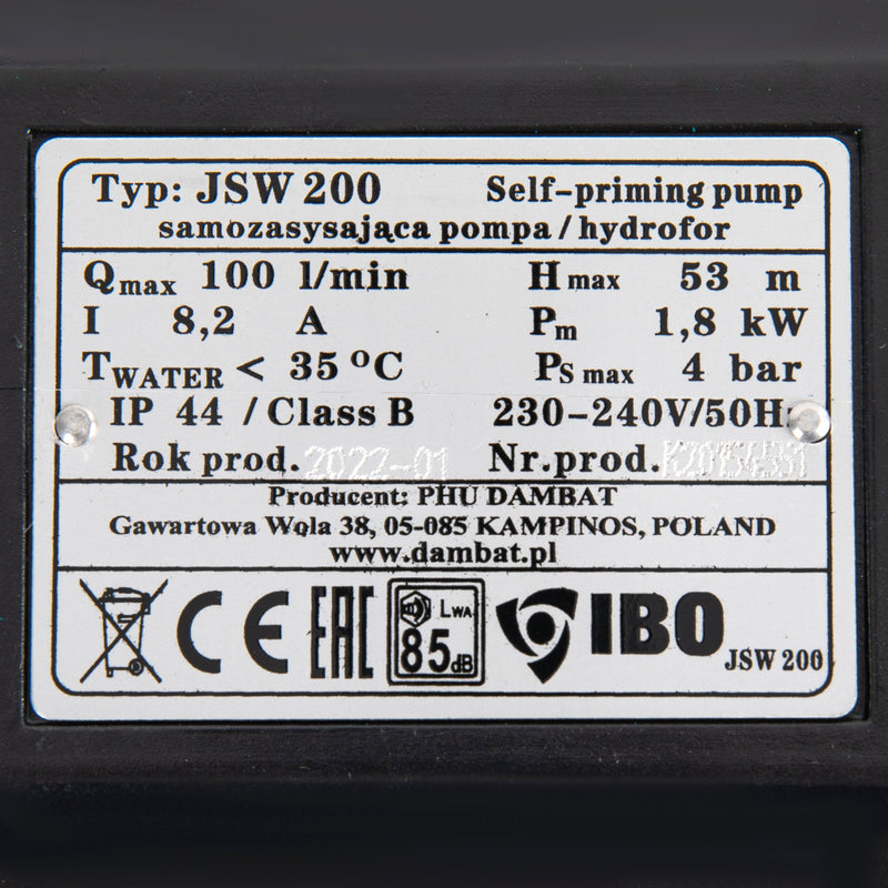 *PROMO* Pompa hidrofor IBO Dambat JSW200, 1.8kW, debit 100l/min, H refulare 53m, racord 1.25 tol, de suprafata