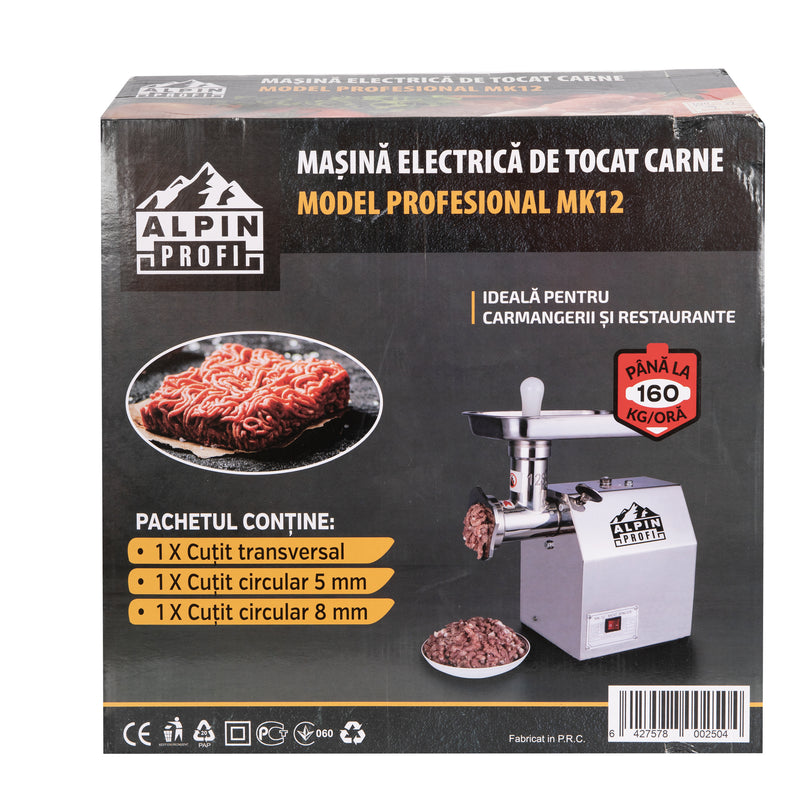 Masina tocat carne electrica profesionala, Alpin Profi® MK-12, 850W, 150 Kg/ora, greutate 22Kg, constructie Inox