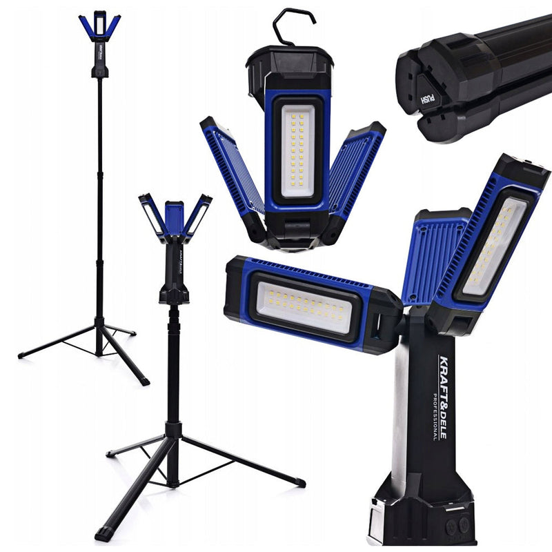 Lampa multifunctionala reincarcabila KRAFTSON % Import Polonia %  1268, 3 proiectoare LED, 4500Lm, acumulator 4000mAh, 3 moduri, 2 culori, cu trepied , pentru ateliere, camping, constructii etc