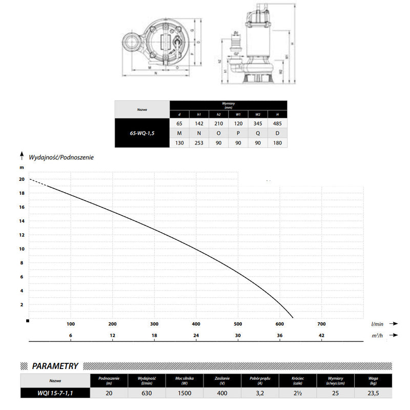 Pompa apa murdara POMPINA-Poland WQ-65-1.5, 400V, 1.5KW, debit 630l/min, H refulare 20m