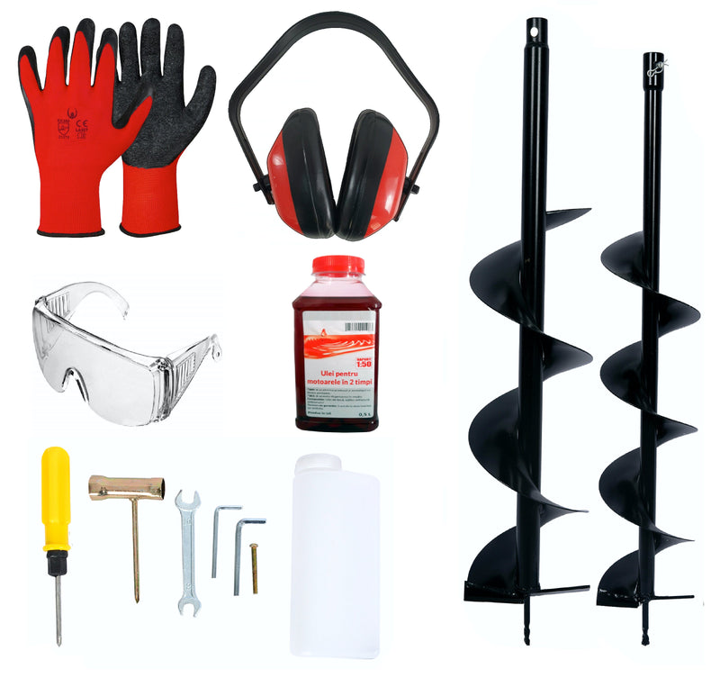 *SPRING BuzZ* Set Motoburghiu pamant Yamato MTBY-X5500 5.5CP, 2 x Burghie 100,300mm, + accesorii protectie si intretinere, inclusiv ulei amestec