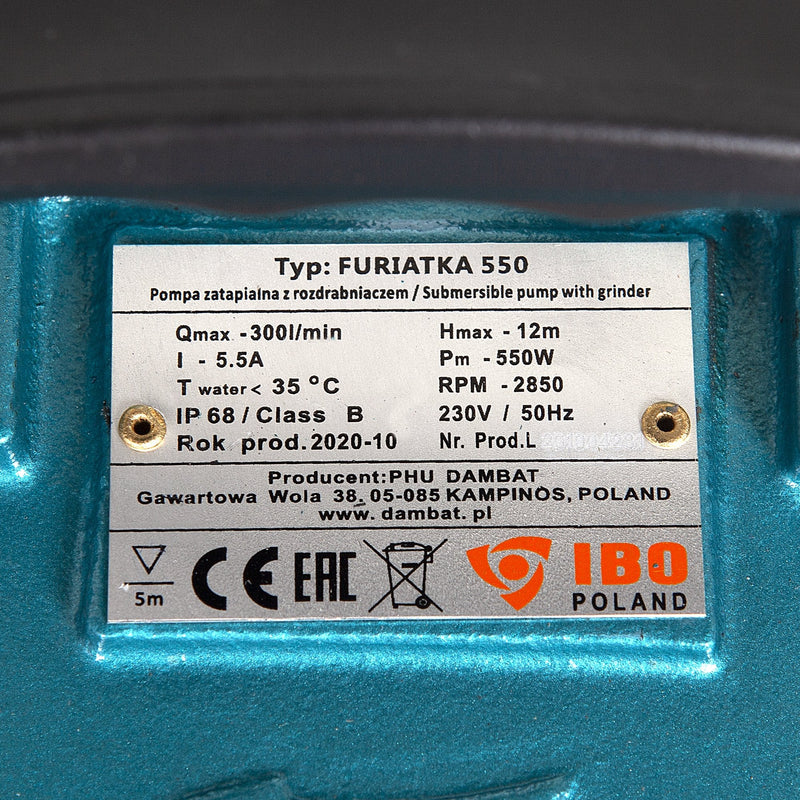 Pompa apa murdara cu tocator si ascutire IBO Dambat FURIATKA 550, 550W, 300 l/min, intrerupator cu flotor, submersibila ( PRODUS RESIGILAT )