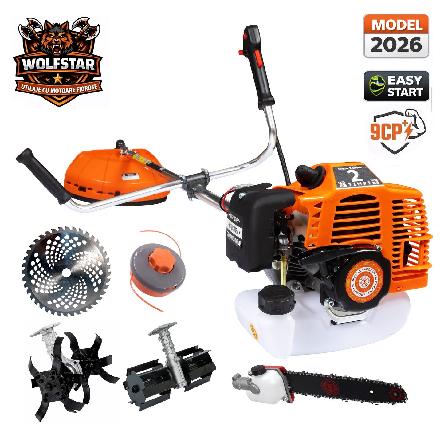 Set Motocoasa WOLFSTAR GTS6HP-BM-2T, 9.8CP + Cap Tip Drujba + Cap Cultivator + Cap Prasitoare + Extra Disc Vidia CADOU