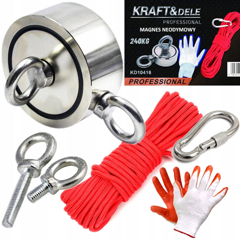 *OFERTELE-IEPURASULUI* Set magnet neodim Kraft&Dele KD10416, 240kg, cu carabiniera, franghie si manusi