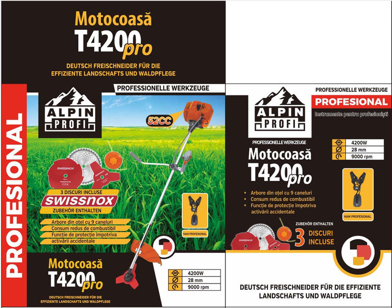 Motocoasa ALPIN PROFI® Porto 4200, 6CP, 9000Rpm, + 3 x Cap prasitoare + cultivator + drujba