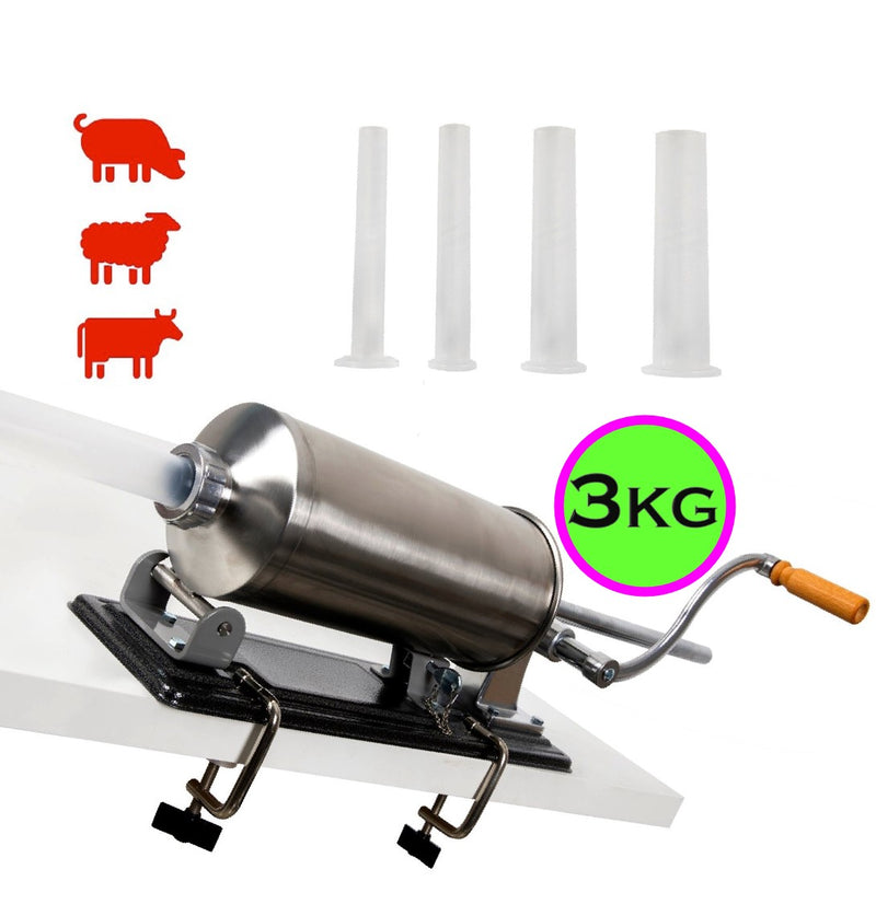 Aparat 3KG de Umplut Carnati, VÖKNER Recomandat, + 4 Pâlnii incluse, Orizontal, Porc+Vita+Oaie, Inox