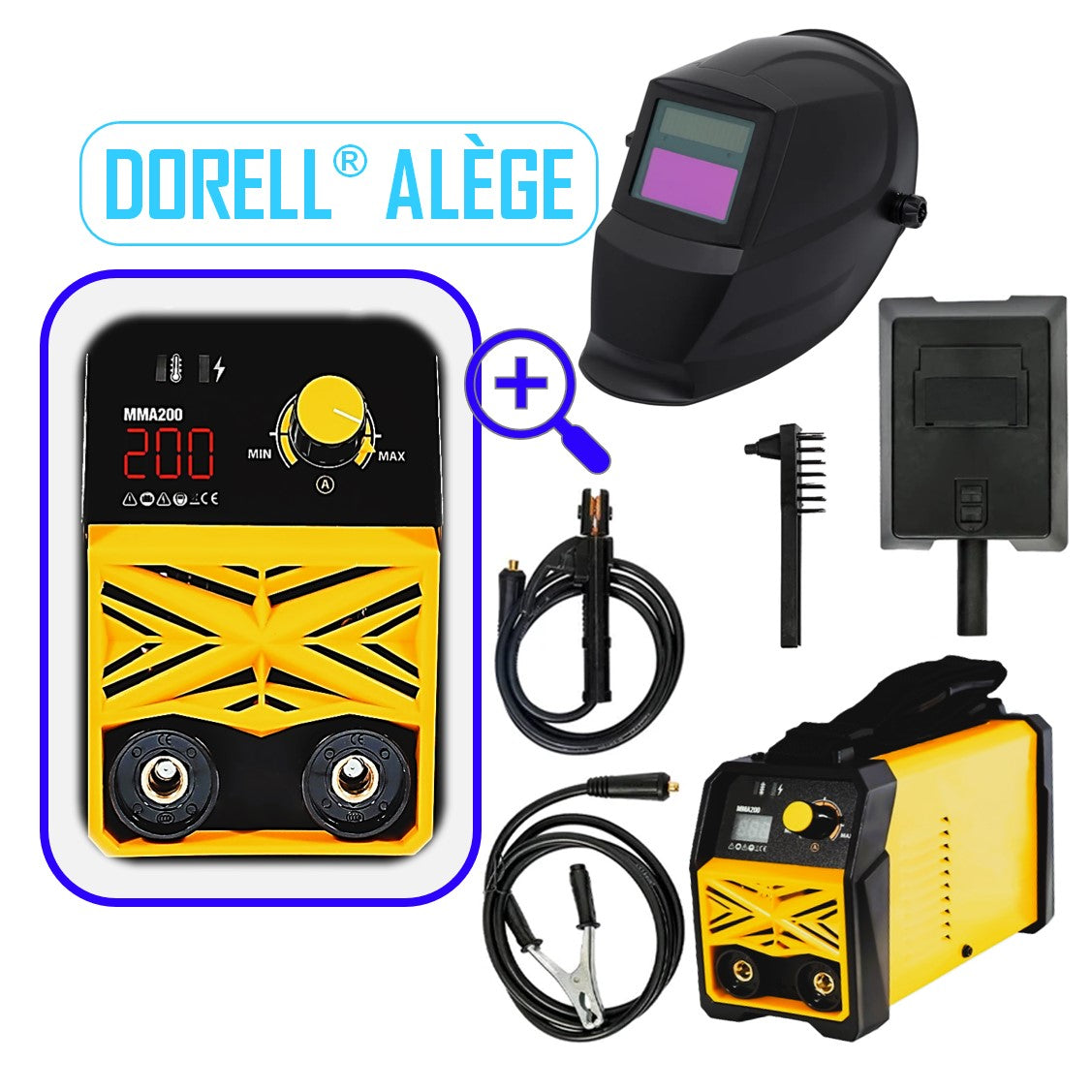 DORELL® ALEGE Aparat Sudura CU ELECTROD 1.6-5mm, ECRAN LCD COLOR, Invertor Electronic, REGLAJ FIN AMP200 + Masca Sudura Automata Cristale Lichide Neagra