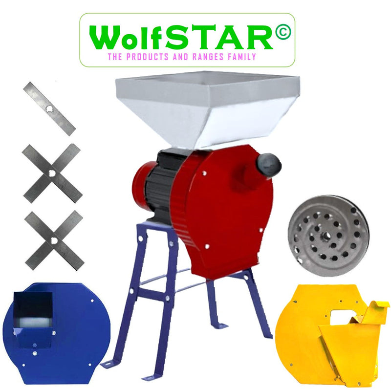 BLACK-FRIDAY *BuzZ* SET Moara WOLFSTAR Cereale-Stiuleti si FRUCTE-LEGUME si LUCERNA, 3.9KW, (4 in 1) pentru uruiala si malai si furaje, Red-White E-3900, cu ciocanele+razatoare+tocator fan, PLUS SUPORT METALIC