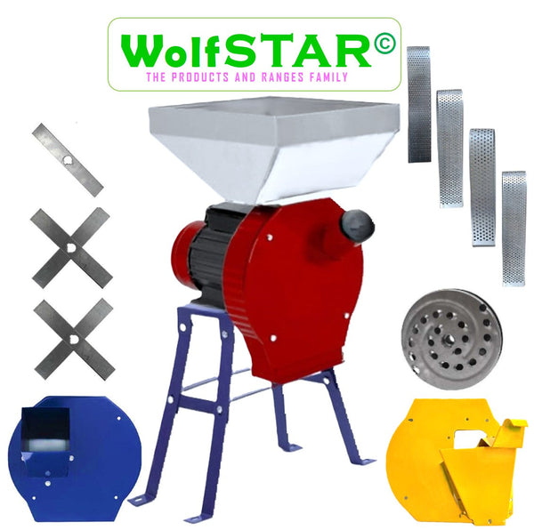 BLACK-FRIDAY *BuzZ* SET Moara WOLFSTAR Cereale-Stiuleti si FRUCTE-LEGUME si LUCERNA, 3.9KW, 4 in 1 pentru uruiala si malai si furaje, Red-White E-3900, cu ciocanele+razatoare+tocator fan, PLUS SUPORT METALIC