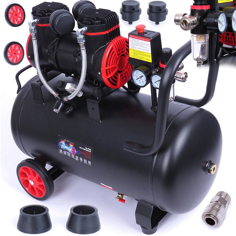 SEZONUL-OFERTELOR la Kit Compresor aer fara ulei VOKNER 1391, 50L, 230V, 1500W, 8Bar, 290L/min, silentios + Set 8 Accesorii