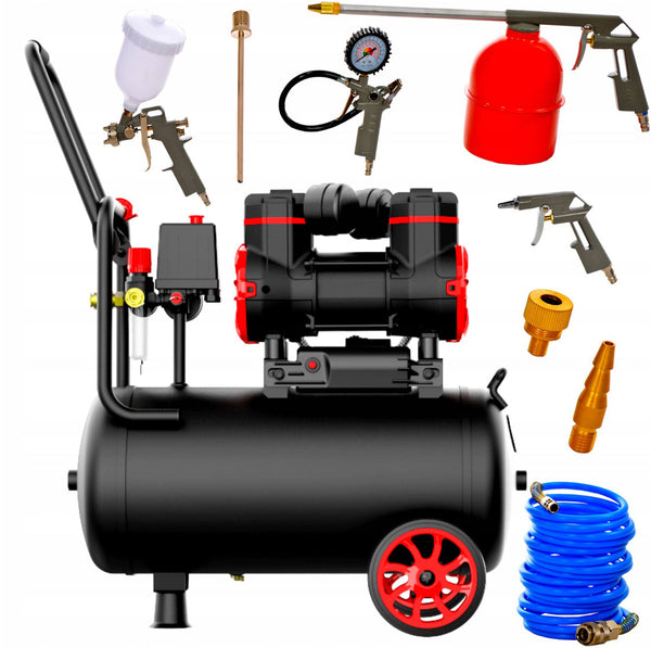 BLACK-FRIDAY Kit Compresor aer fara ulei VOKNER 1391, 50L, 230V, 1500W, 8Bar, 290L/min, silentios + Set 8 Accesorii