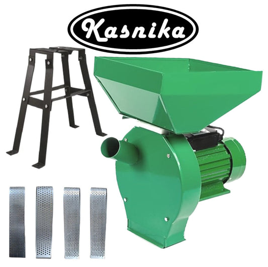 BLACK-FRIDAY SET Moara cereale si stiuleti 2 in 1 KASNIKA Verde, CUVA MARE, 3kW, cu ciocanele, malai si uruiala, + suport cu picioare