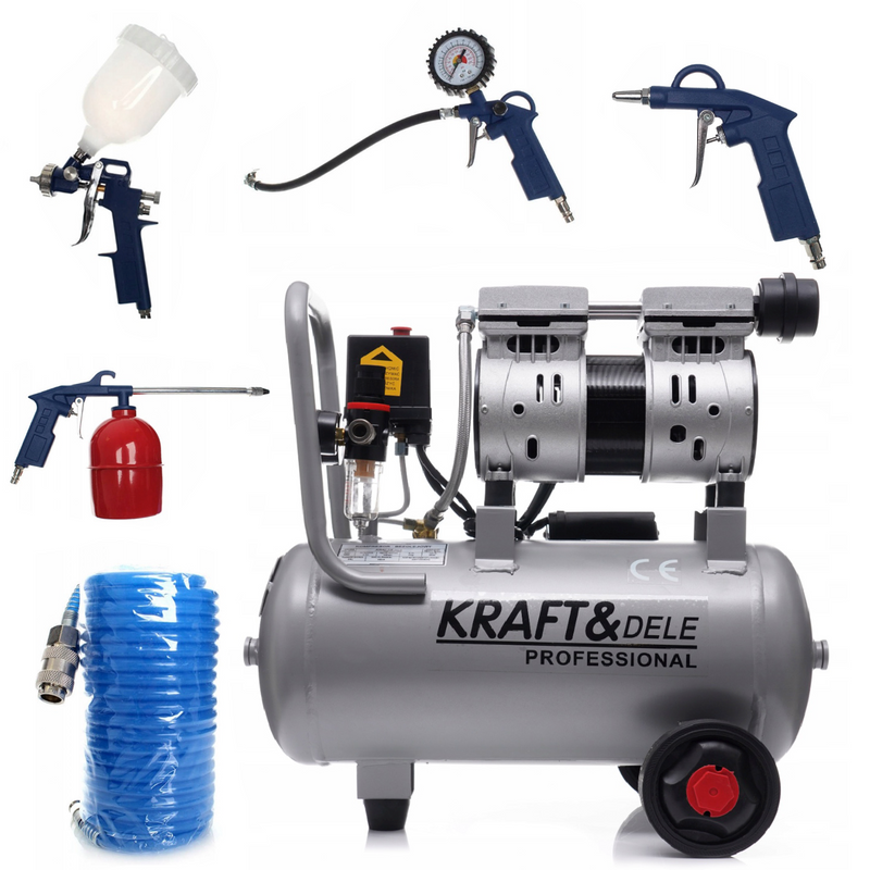 SEZONUL-OFERTELOR la Set Compresor aer fara ulei Kraft&Dele KD1395, 24L, 2Cp, 1200W, 8Bar, 220L, silentios + Kit 5 accesorii premium