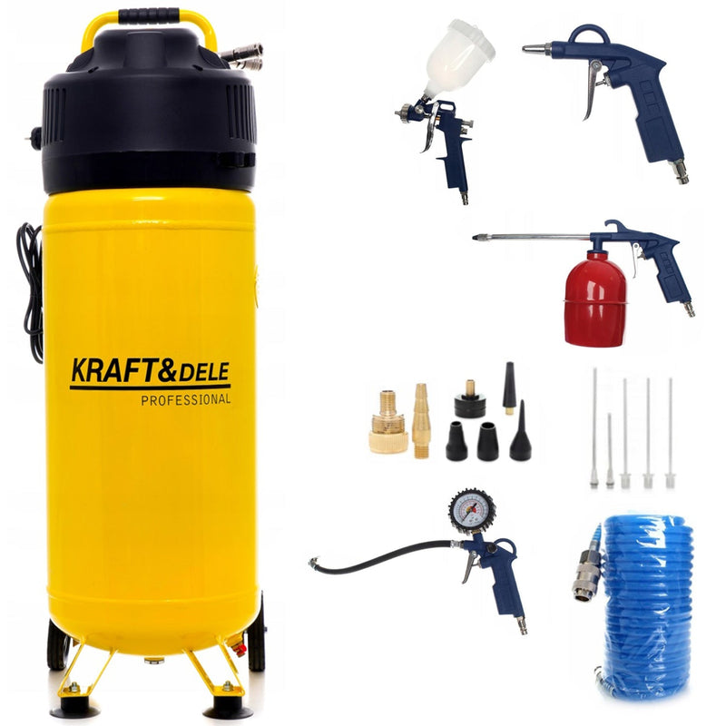 SEZONUL-OFERTELOR la Set Compresor aer fara ulei vertical Kraft&Dele KD1418, 50L, 230V, 1500W, 10Bar, 240L/min, silentios + Kit 18 accesorii premium