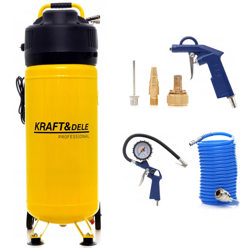 SEZONUL-OFERTELOR la Set Compresor aer fara ulei vertical Kraft&Dele KD1418, 50L, 230V, 1500W, 10Bar, 240L/min, silentios + Kit 6 accesorii premium